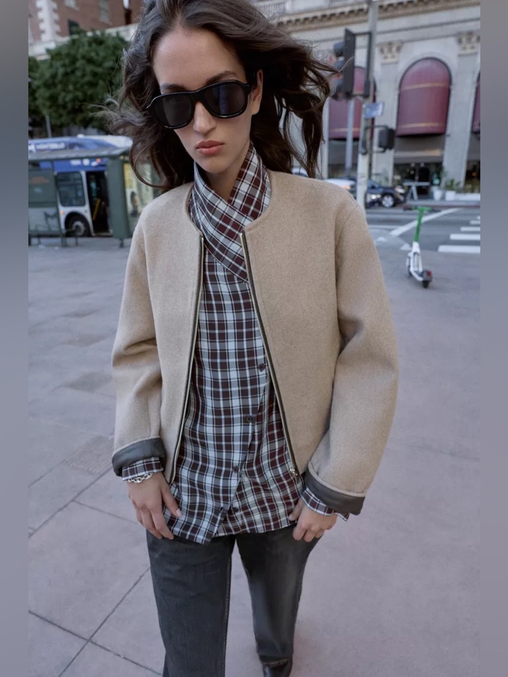 Zara Beige Cropped Jacket with Dark faux leather trim bomber. POP - Picture 11 of 12
